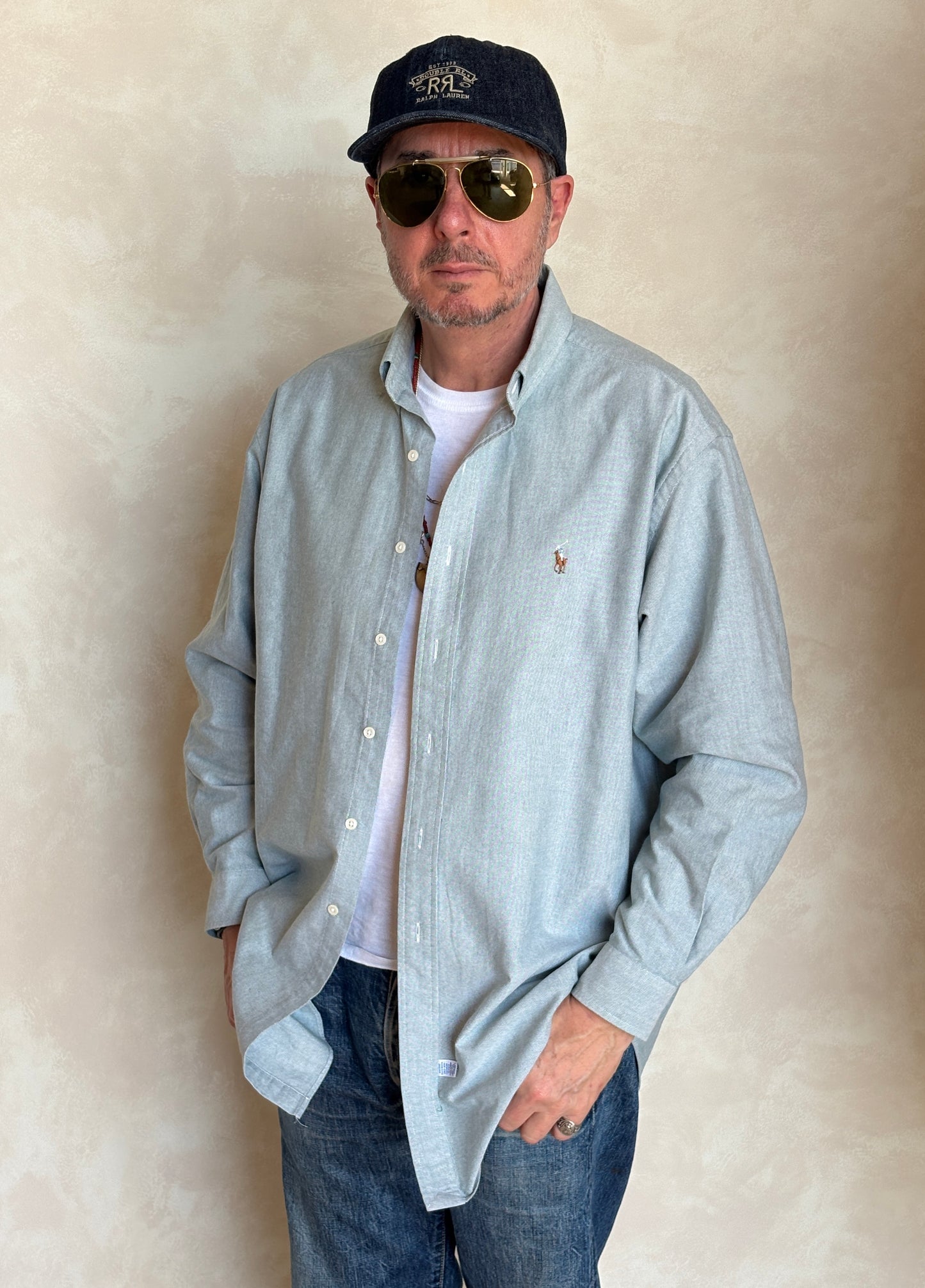 Ralph Lauren YARMOUTH Button-Down Shirt 16,5-34 Large | Solid Grey Cotton Oxford |Vintage Mens Shirt