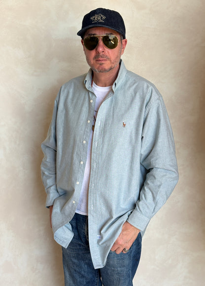 Ralph Lauren YARMOUTH Button-Down Shirt 16,5-34 Large | Solid Grey Cotton Oxford |Vintage Mens Shirt
