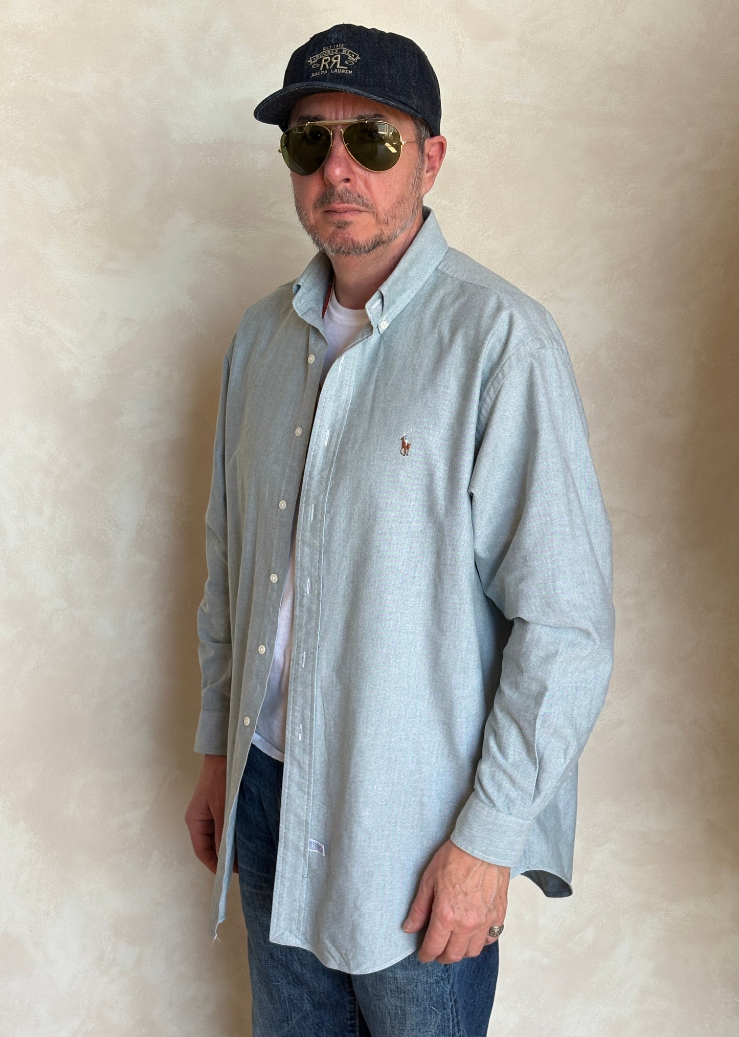 Ralph Lauren YARMOUTH Button-Down Shirt 16,5-34 Large | Solid Grey Cotton Oxford |Vintage Mens Shirt
