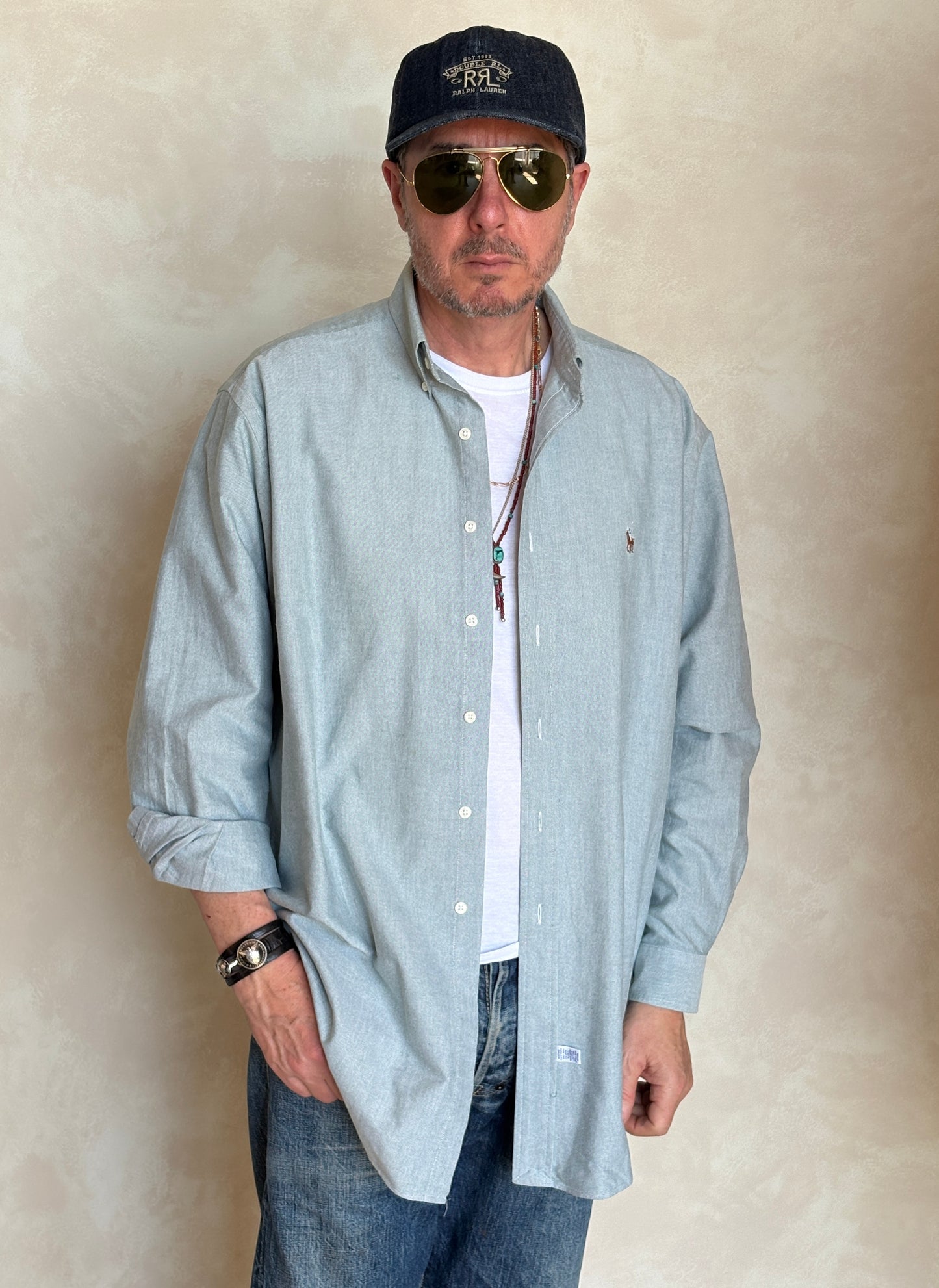 Ralph Lauren YARMOUTH Button-Down Shirt 16,5-34 Large | Solid Grey Cotton Oxford |Vintage Mens Shirt