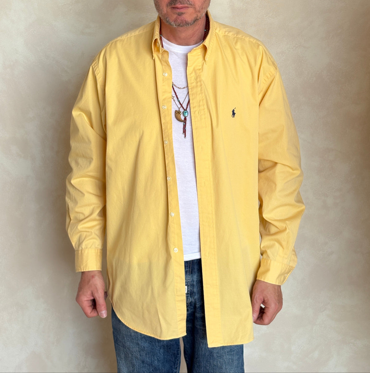 Ralph Lauren BLAKE Button-Down Shirt Large | Solid Yellow Cotton | Mens Classic Shirt-AJ357 Studio