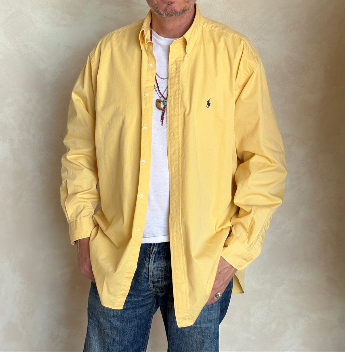 Ralph Lauren BLAKE Button-Down Shirt Large | Solid Yellow Cotton | Mens Classic Shirt-AJ357 Studio