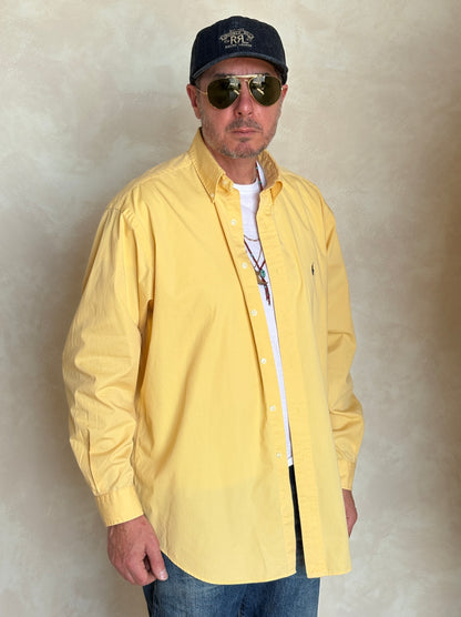Ralph Lauren BLAKE Button-Down Shirt Large | Solid Yellow Cotton | Mens Classic Shirt