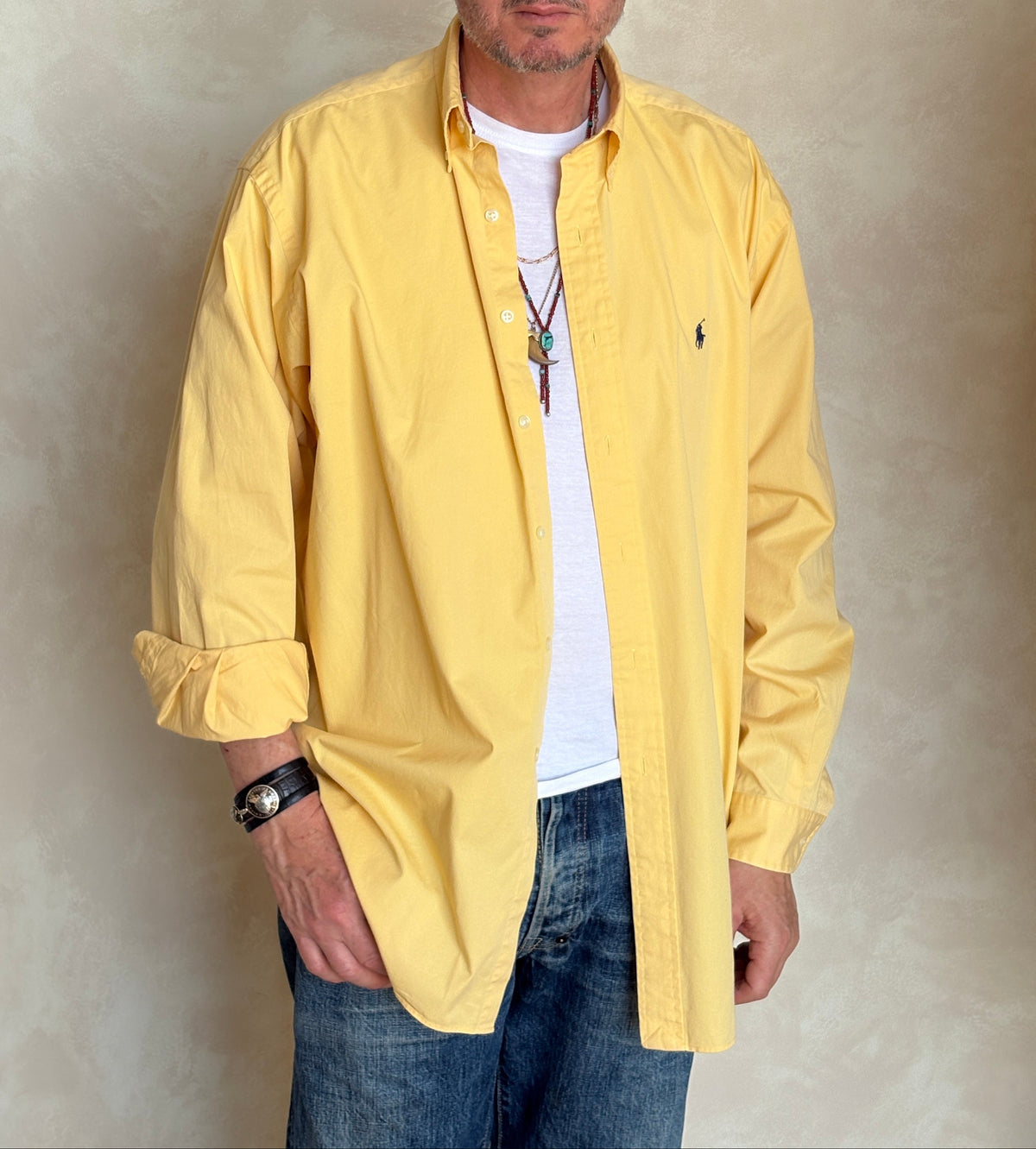 Ralph Lauren BLAKE Button-Down Shirt Large | Solid Yellow Cotton | Mens Classic Shirt-AJ357 Studio