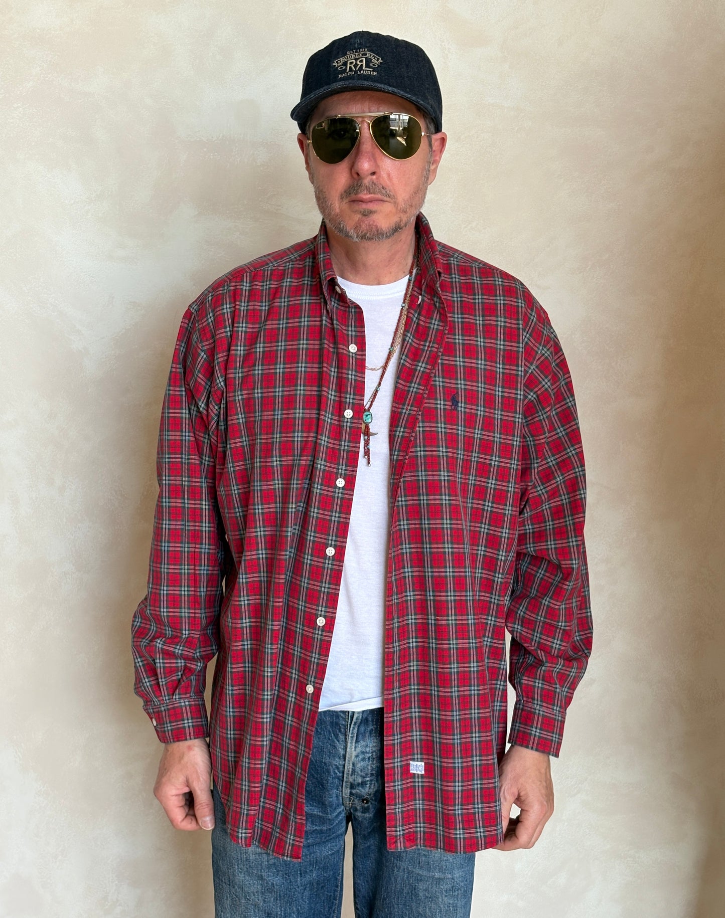 Ralph Lauren Button-Down Shirt Large | Red Green Tartan Plaid Cotton | Mens Classic Shirt