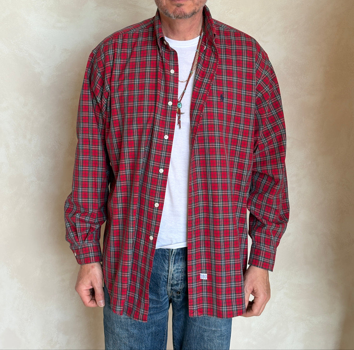 Ralph Lauren Button-Down Shirt Large | Red Green Tartan Plaid Cotton | Mens Classic Shirt-AJ357 Studio