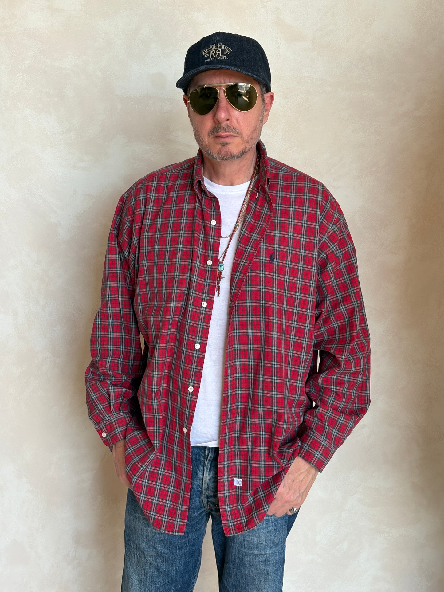 Ralph Lauren Button-Down Shirt Large | Red Green Tartan Plaid Cotton | Mens Classic Shirt