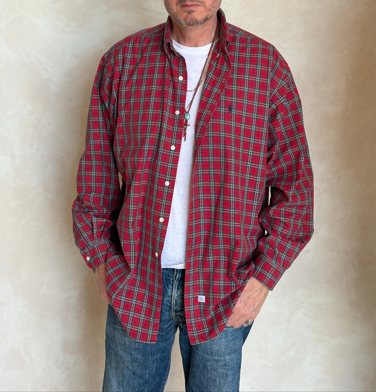 Ralph Lauren Button-Down Shirt Large | Red Green Tartan Plaid Cotton | Mens Classic Shirt-AJ357 Studio