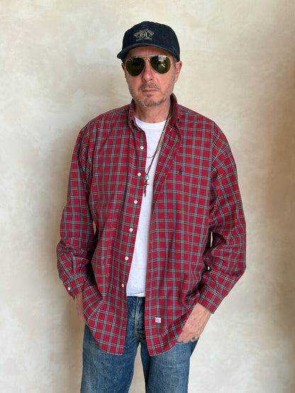 Ralph Lauren Button-Down Shirt Large | Red Green Tartan Plaid Cotton | Mens Classic Shirt
