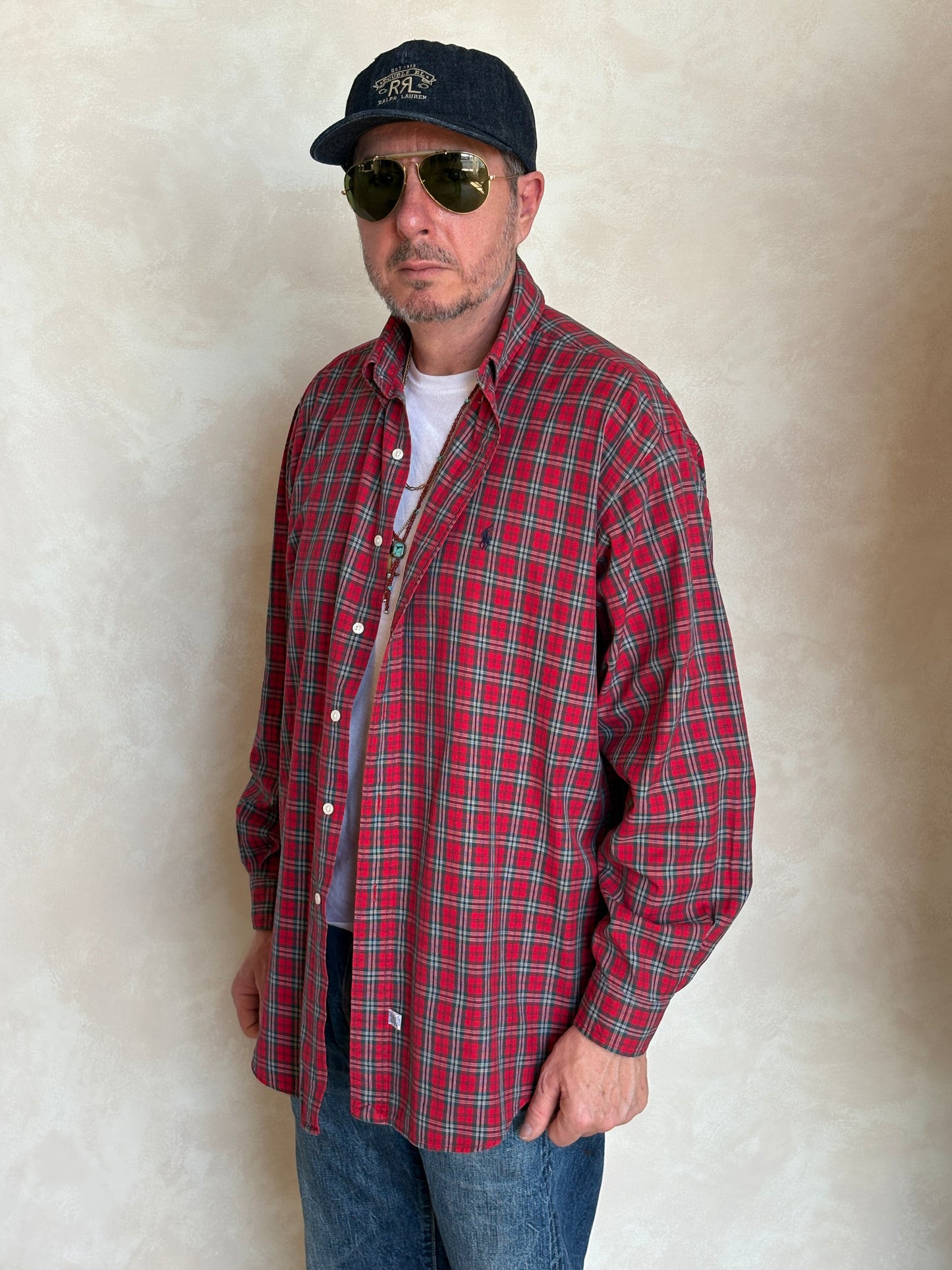 Ralph Lauren Button-Down Shirt Large | Red Green Tartan Plaid Cotton | Mens Classic Shirt