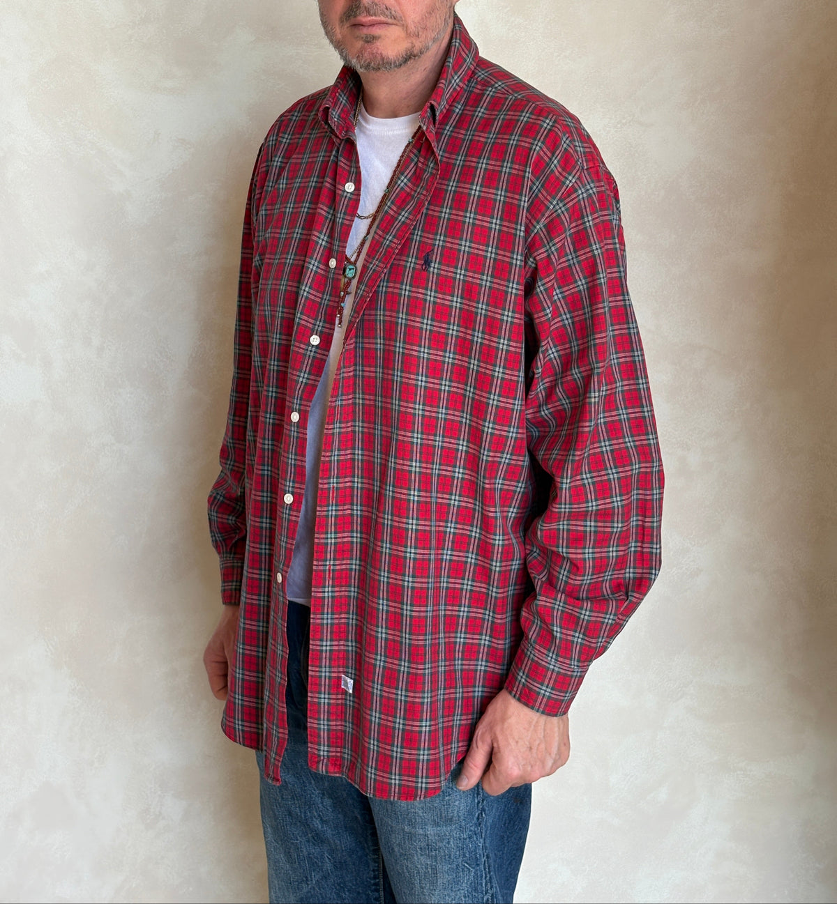 Ralph Lauren Button-Down Shirt Large | Red Green Tartan Plaid Cotton | Mens Classic Shirt-AJ357 Studio