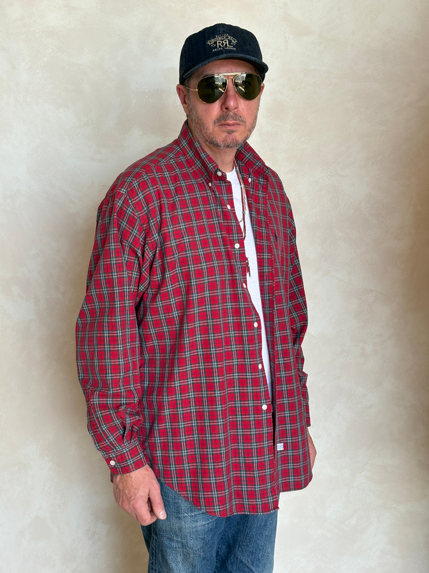 Ralph Lauren Button-Down Shirt Large | Red Green Tartan Plaid Cotton | Mens Classic Shirt