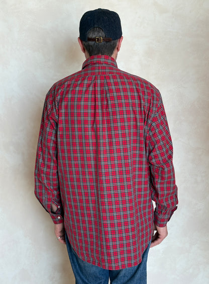 Ralph Lauren Button-Down Shirt Large | Red Green Tartan Plaid Cotton | Mens Classic Shirt