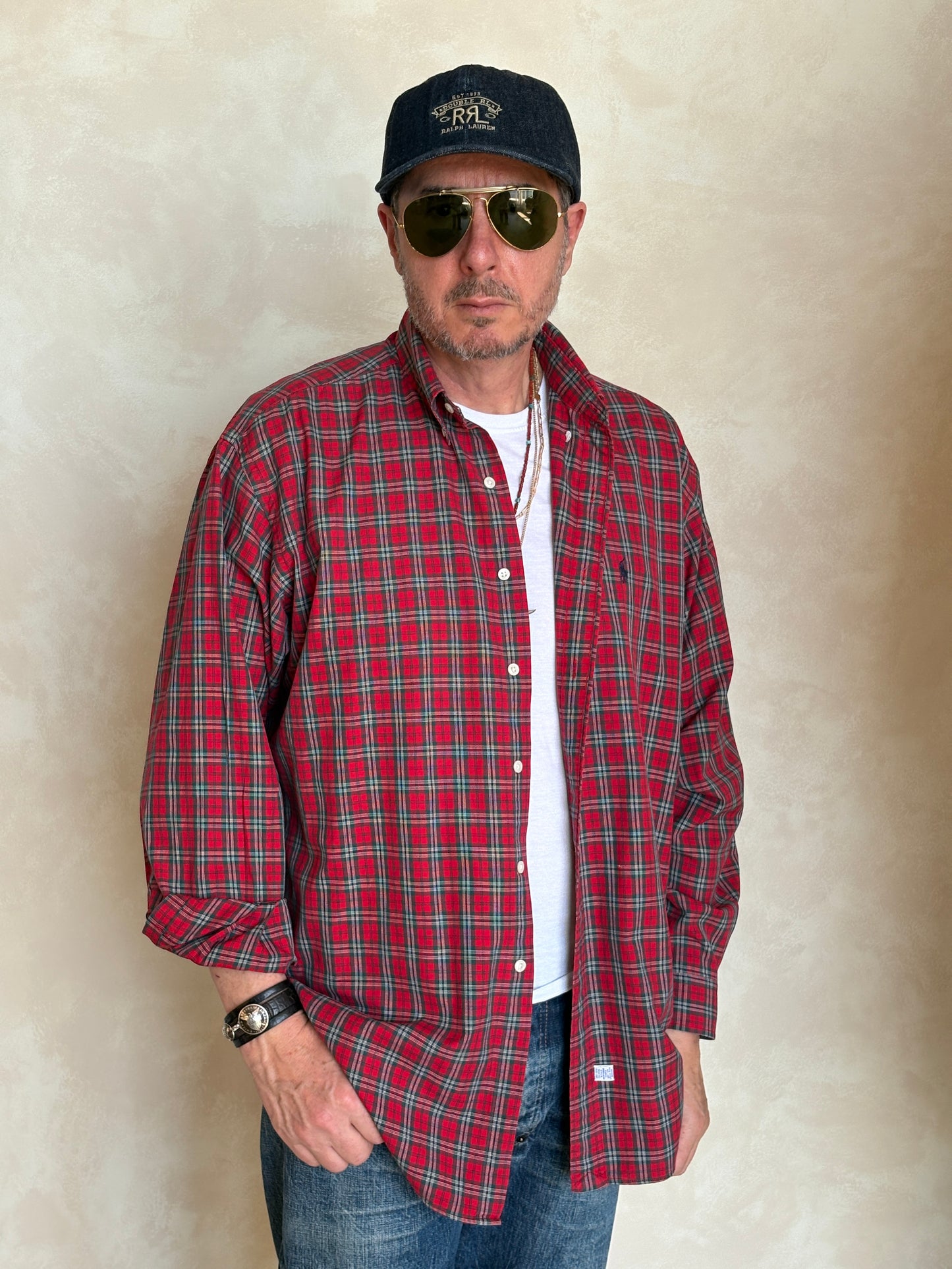Ralph Lauren Button-Down Shirt Large | Red Green Tartan Plaid Cotton | Mens Classic Shirt
