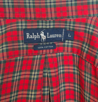 Ralph Lauren Button-Down Shirt Large | Red Green Tartan Plaid Cotton | Mens Classic Shirt