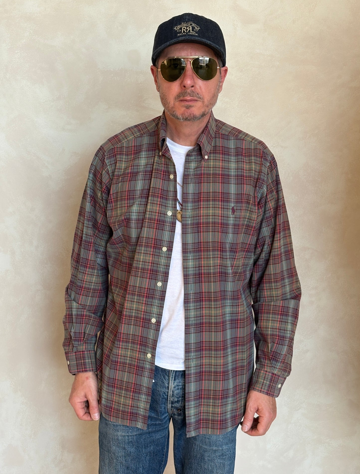 Ralph Lauren Classic Fit Plaid Shirt 16/L Olive Green Burgundy Cotton