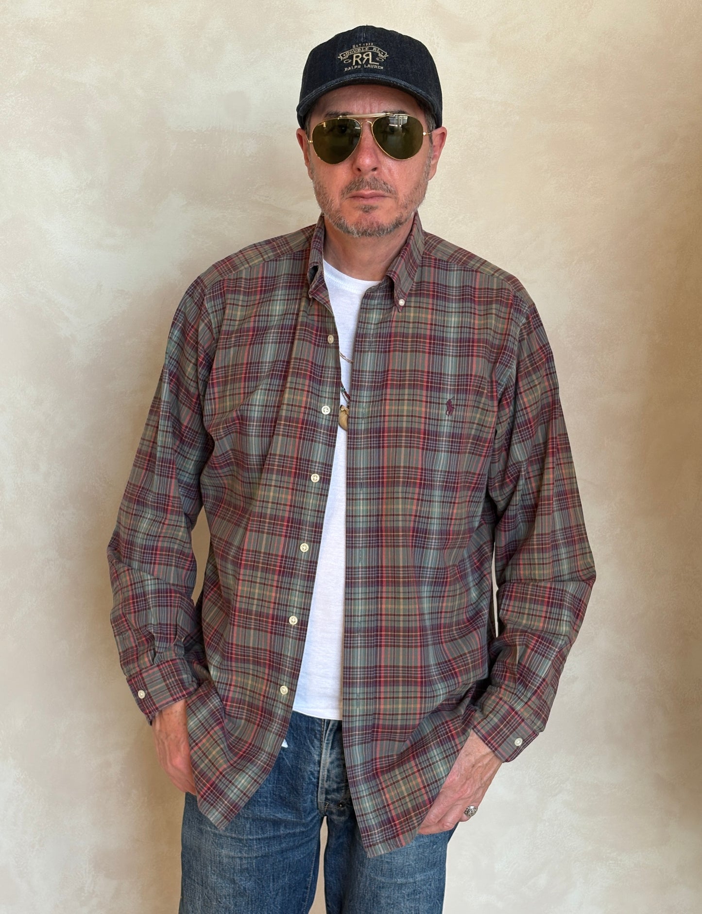 Ralph Lauren Classic Fit Plaid Shirt 16/L Olive Green Burgundy Cotton