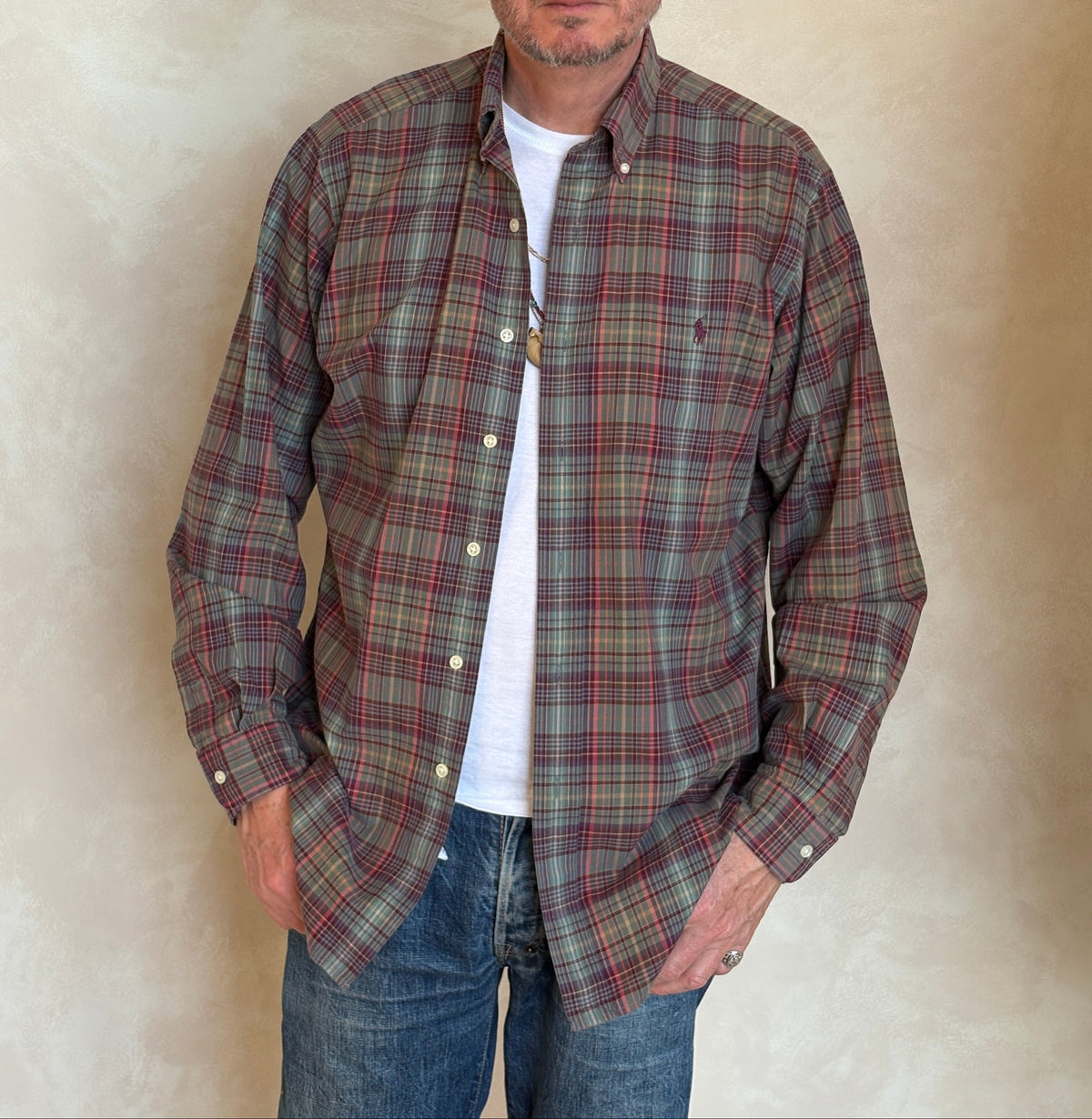 Ralph Lauren Classic Fit Plaid Shirt 16/L Olive Green Burgundy Cotton-AJ357 Studio
