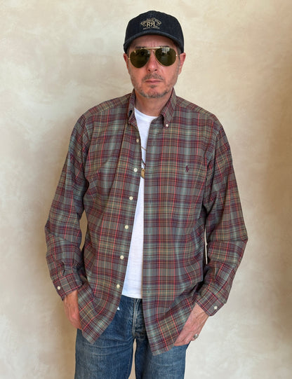 Ralph Lauren Classic Fit Plaid Shirt 16/L Olive Green Burgundy Cotton