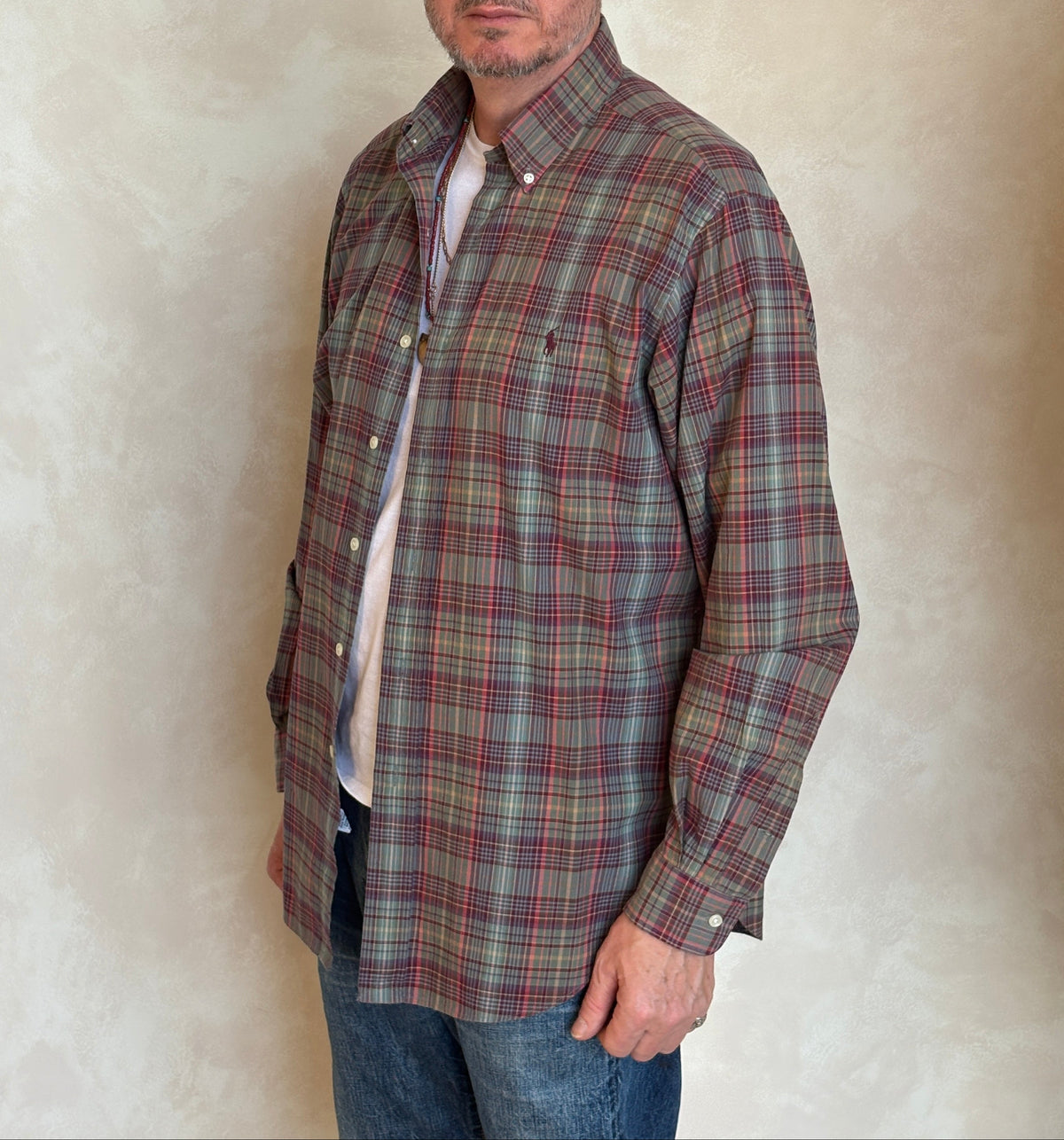 Ralph Lauren Classic Fit Plaid Shirt 16/L Olive Green Burgundy Cotton-AJ357 Studio