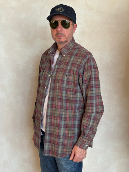 Ralph Lauren Classic Fit Plaid Shirt 16/L Olive Green Burgundy Cotton