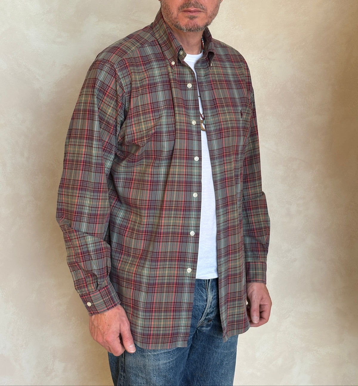 Ralph Lauren Classic Fit Plaid Shirt 16/L Olive Green Burgundy Cotton-AJ357 Studio