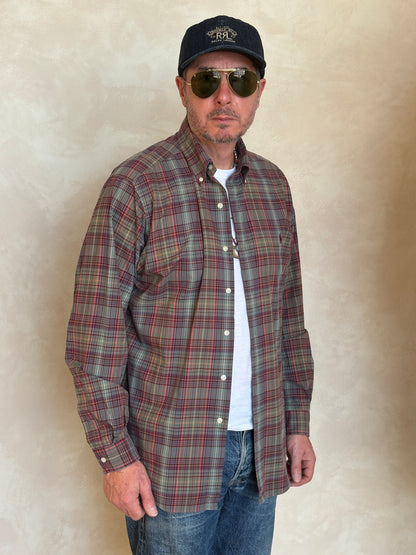 Ralph Lauren Classic Fit Plaid Shirt 16/L Olive Green Burgundy Cotton