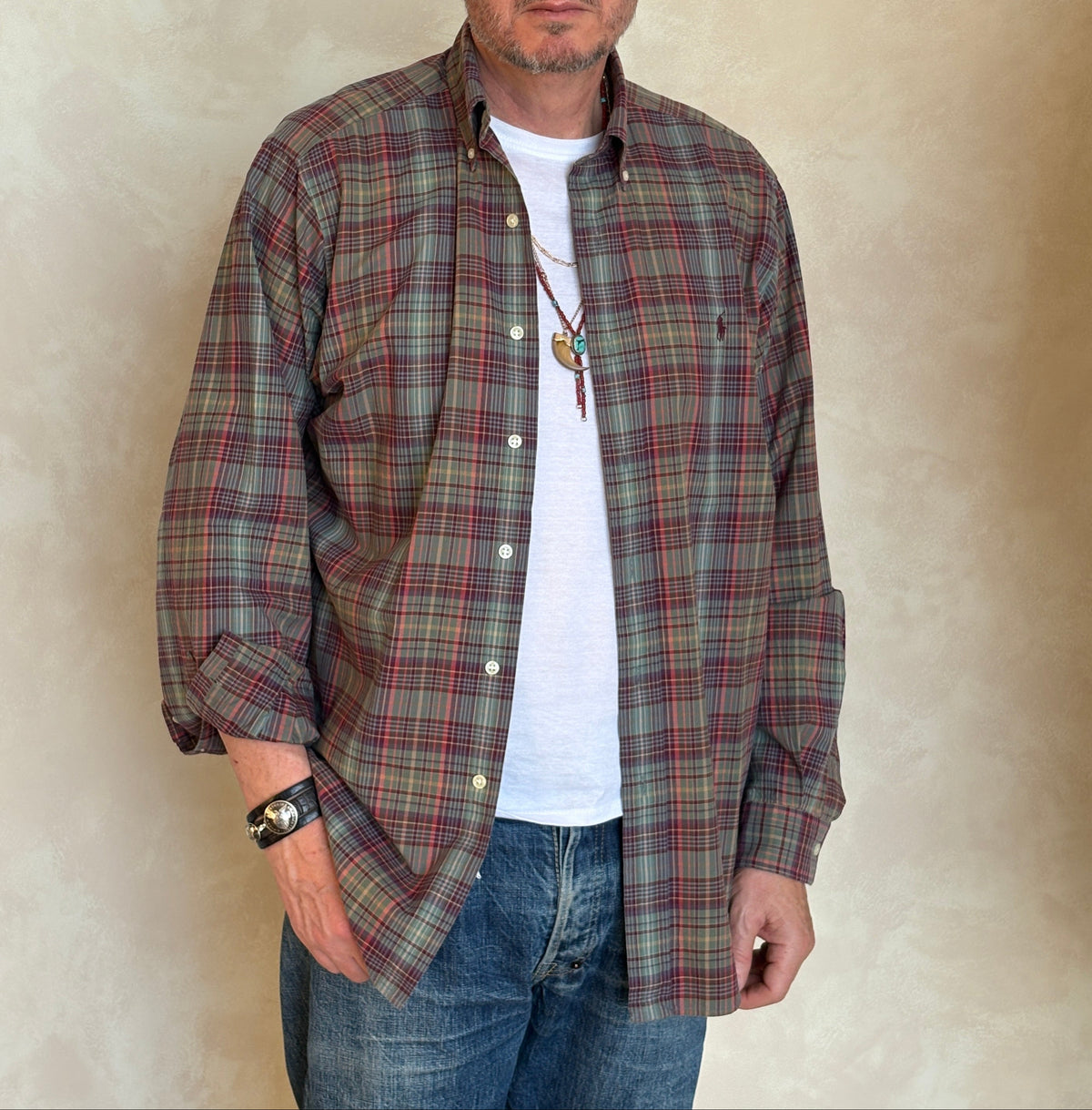 Ralph Lauren Classic Fit Plaid Shirt 16/L Olive Green Burgundy Cotton-AJ357 Studio