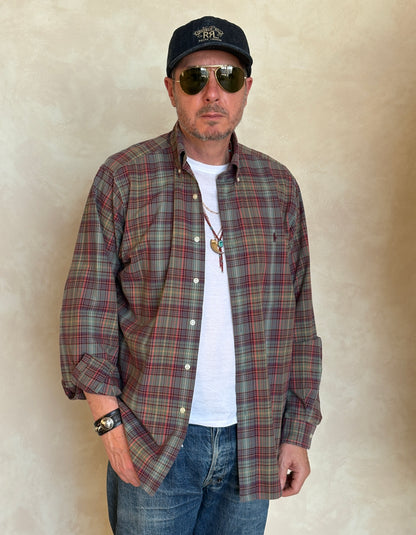 Ralph Lauren Classic Fit Plaid Shirt 16/L Olive Green Burgundy Cotton