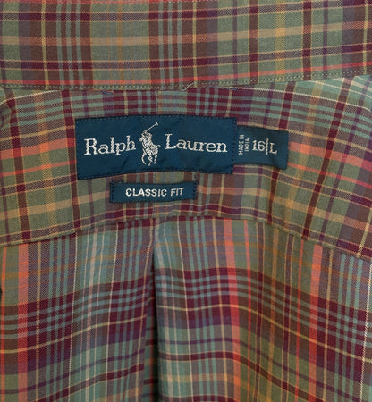 Ralph Lauren Classic Fit Plaid Shirt 16/L Olive Green Burgundy Cotton