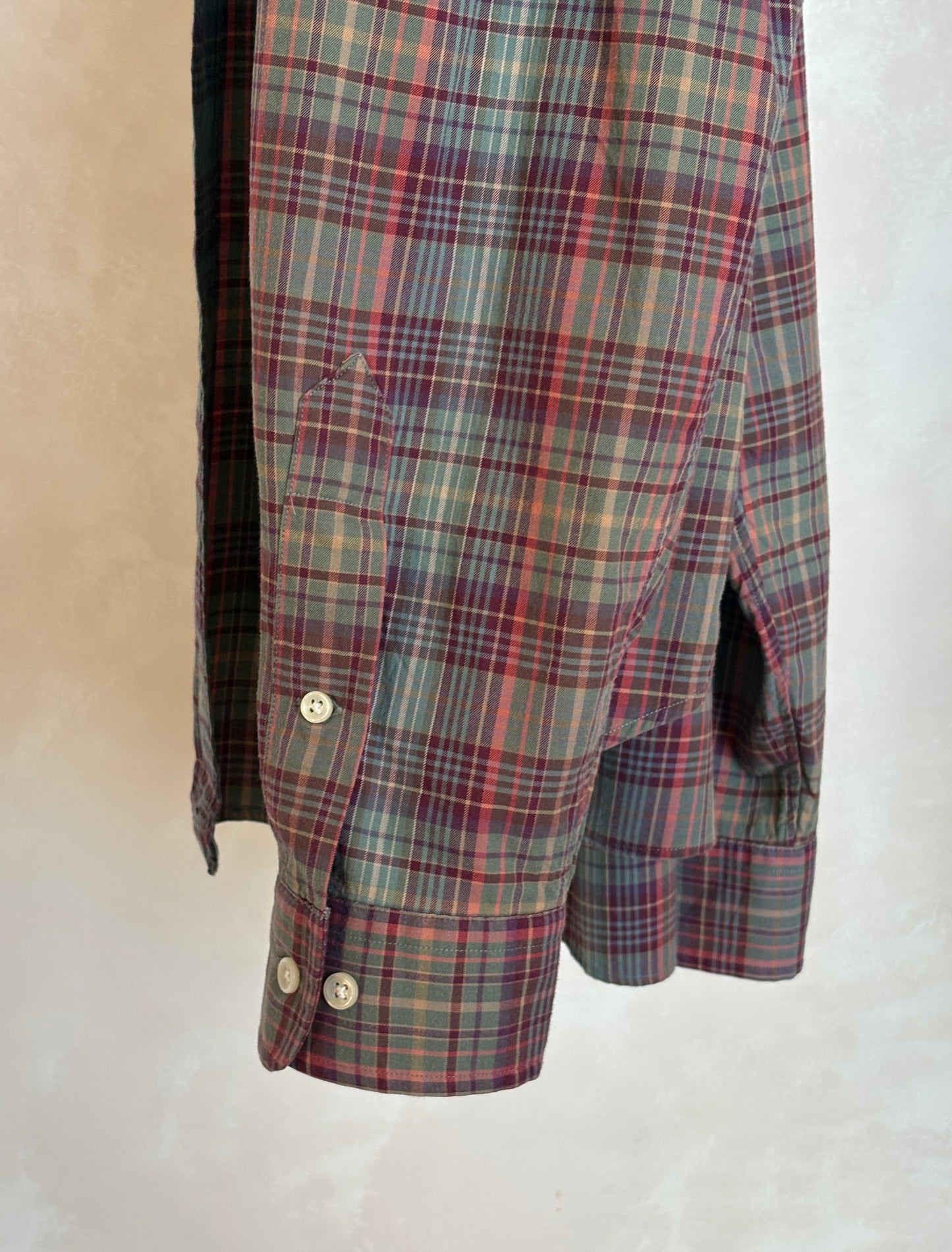 Ralph Lauren Classic Fit Plaid Shirt 16/L Olive Green Burgundy Cotton
