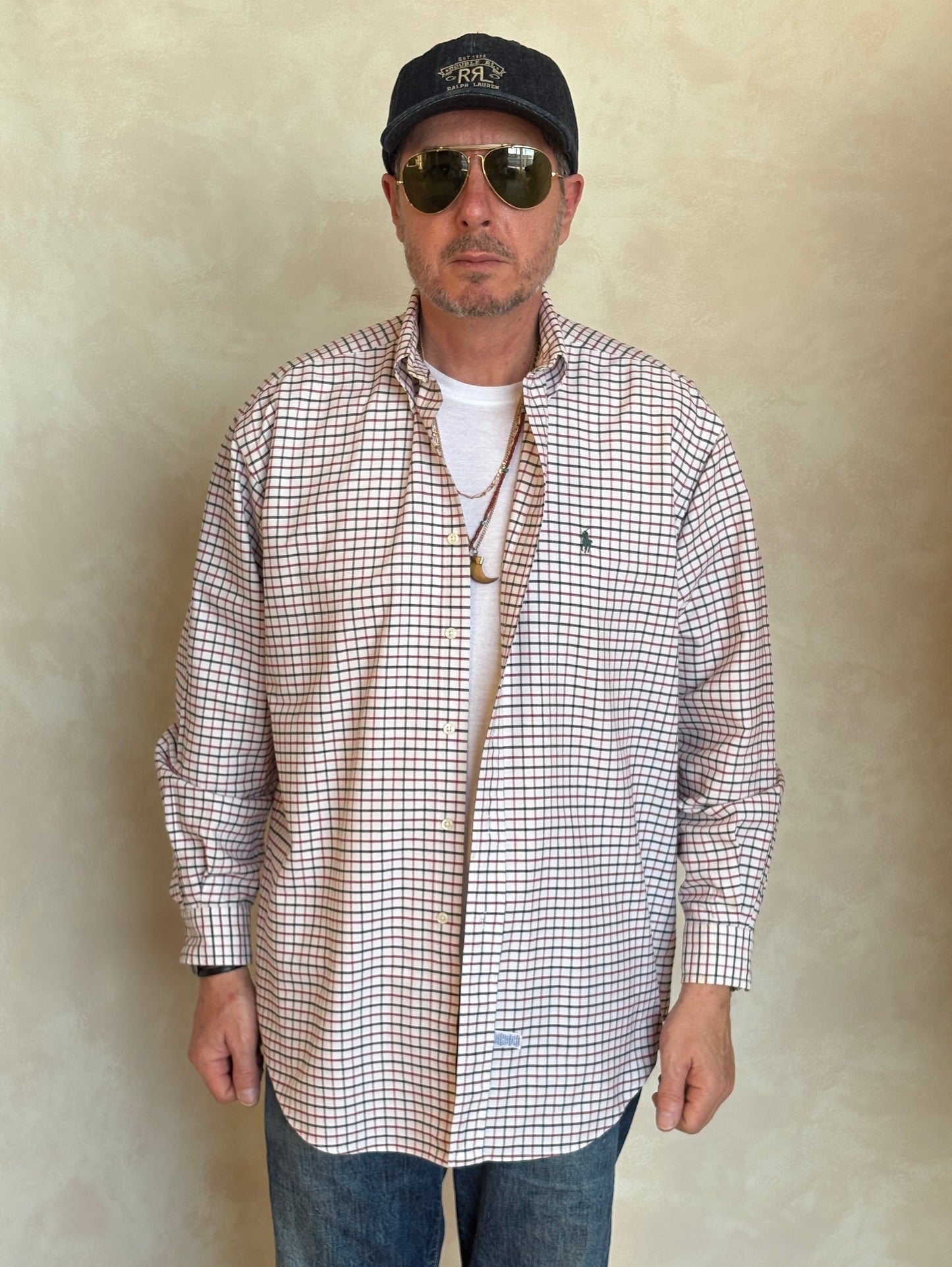 Ralph Lauren Shirt Medium Cream Windowpane Check Cotton Vintage