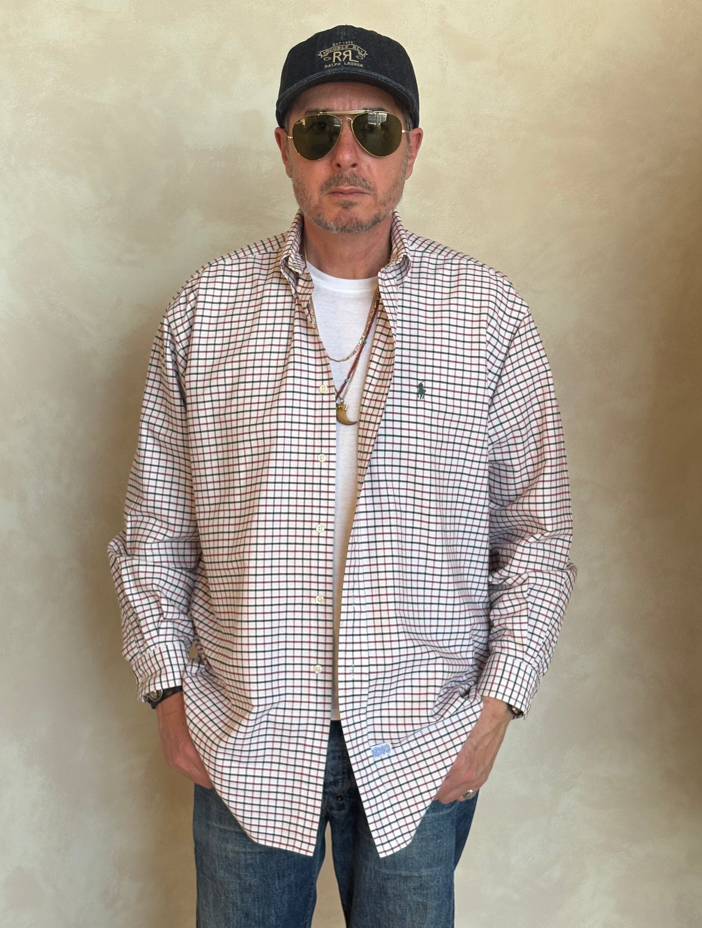 Ralph Lauren Shirt Medium Cream Windowpane Check Cotton Vintage