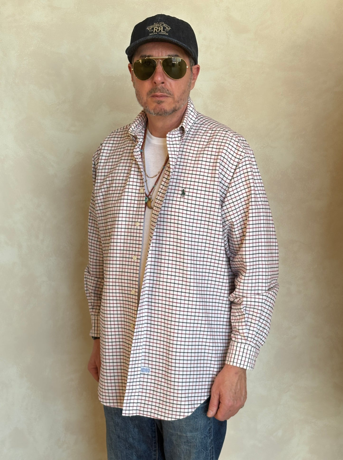 Ralph Lauren Shirt Medium Cream Windowpane Check Cotton Vintage
