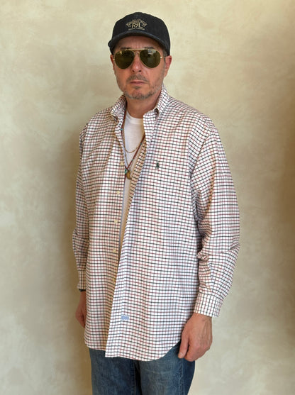 Ralph Lauren Shirt Medium Cream Windowpane Check Cotton Vintage