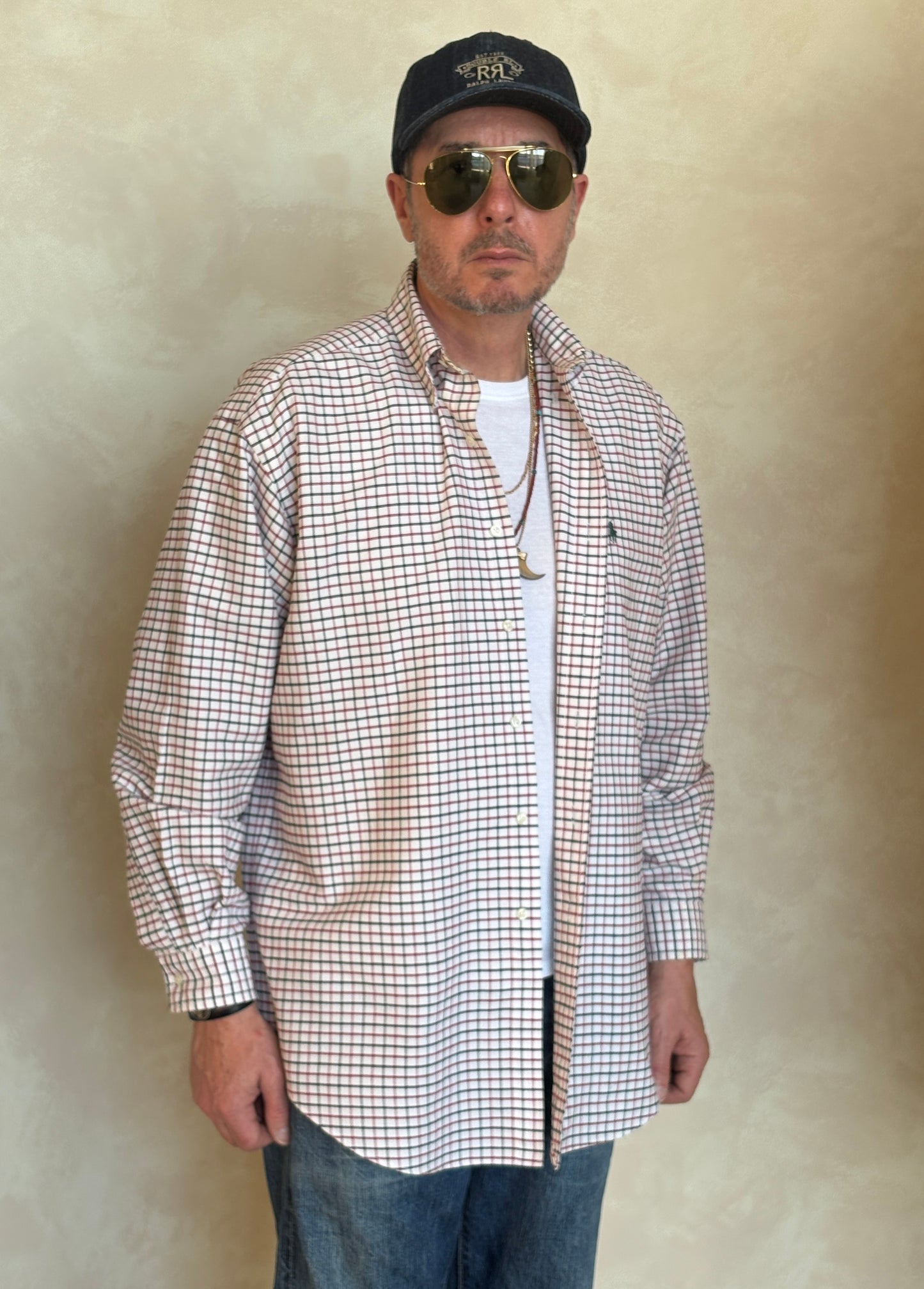 Ralph Lauren Shirt Medium Cream Windowpane Check Cotton Vintage