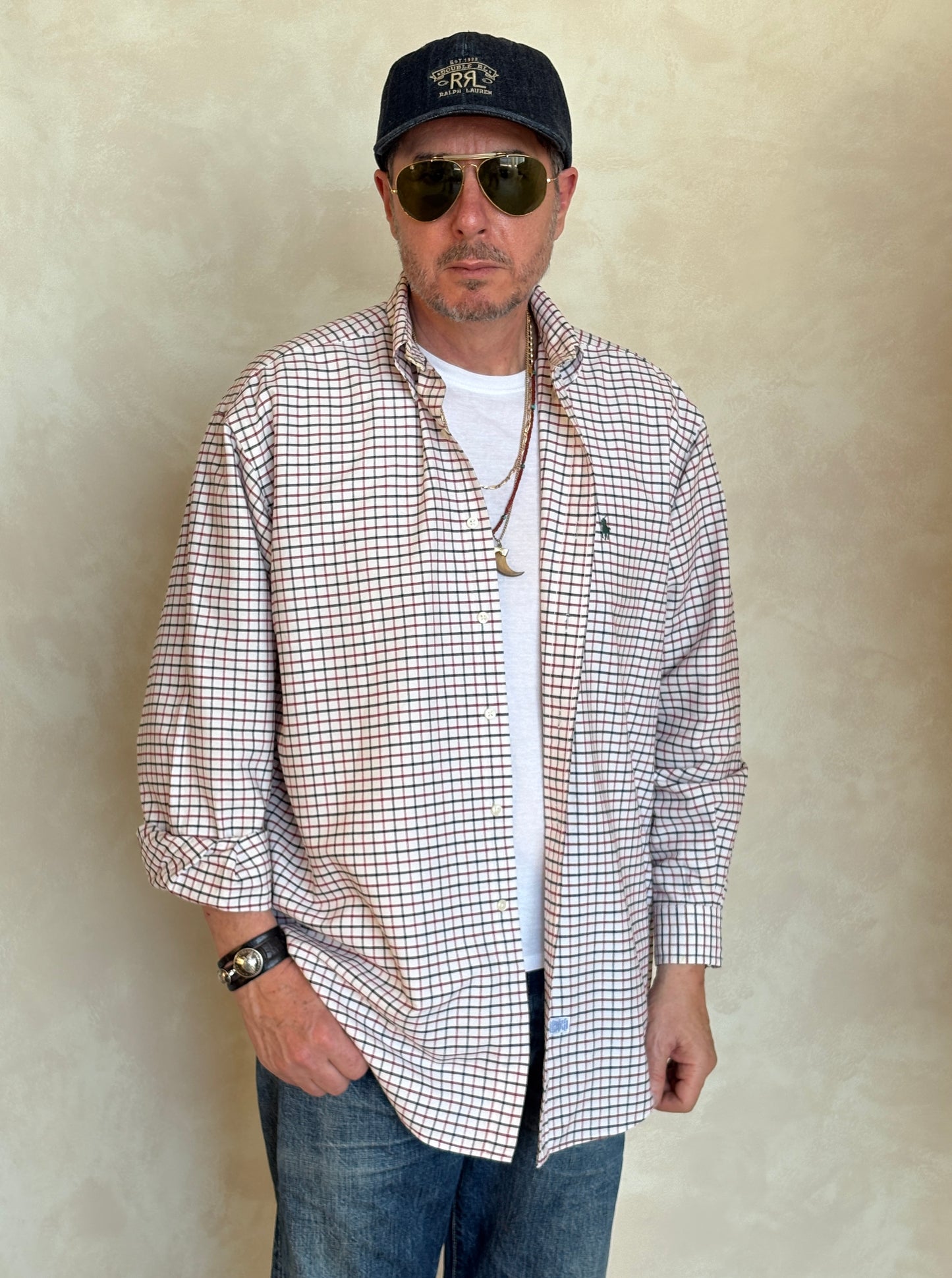 Ralph Lauren Shirt Medium Cream Windowpane Check Cotton Vintage