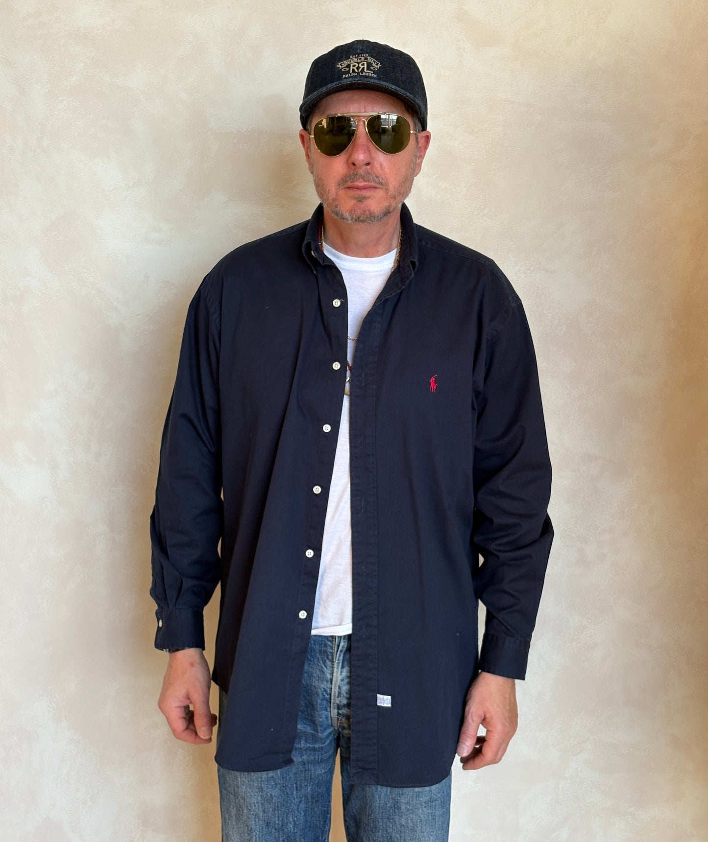 Ralph Lauren Shirt Medium Navy Cotton Twill Red Pony Logo Vintage
