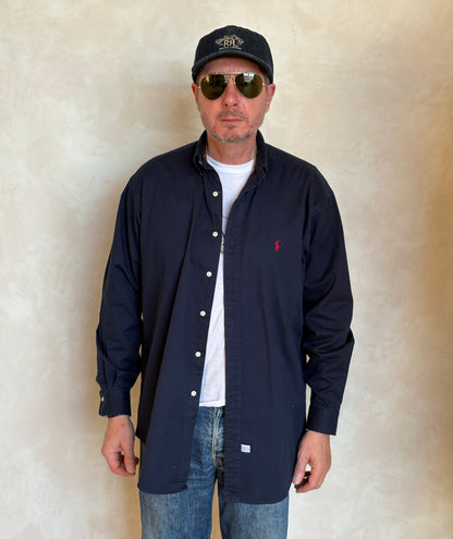 Ralph Lauren Shirt Medium Navy Cotton Twill Red Pony Logo Vintage