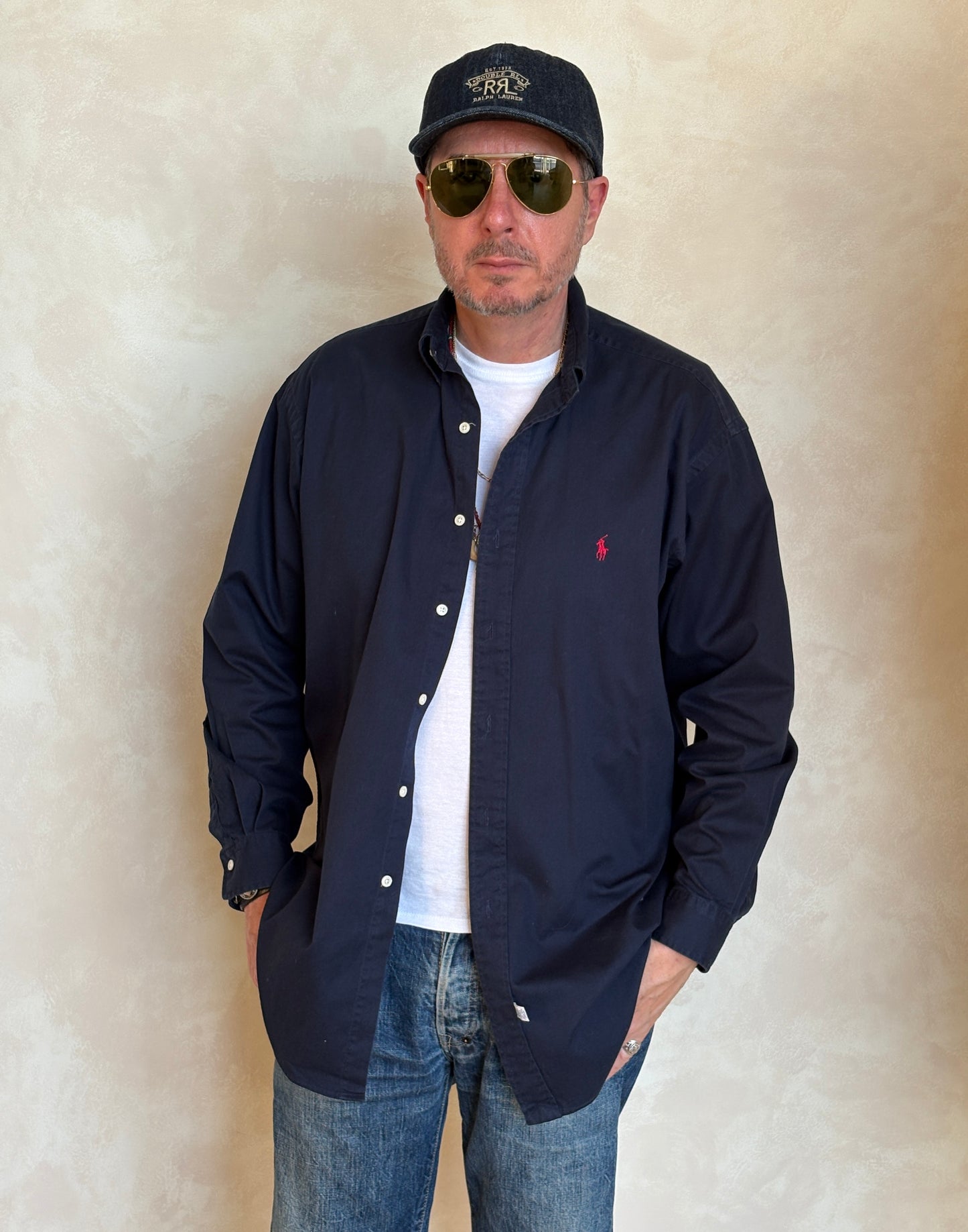 Ralph Lauren Shirt Medium Navy Cotton Twill Red Pony Logo Vintage