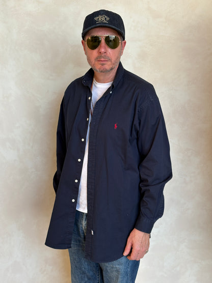Ralph Lauren Shirt Medium Navy Cotton Twill Red Pony Logo Vintage