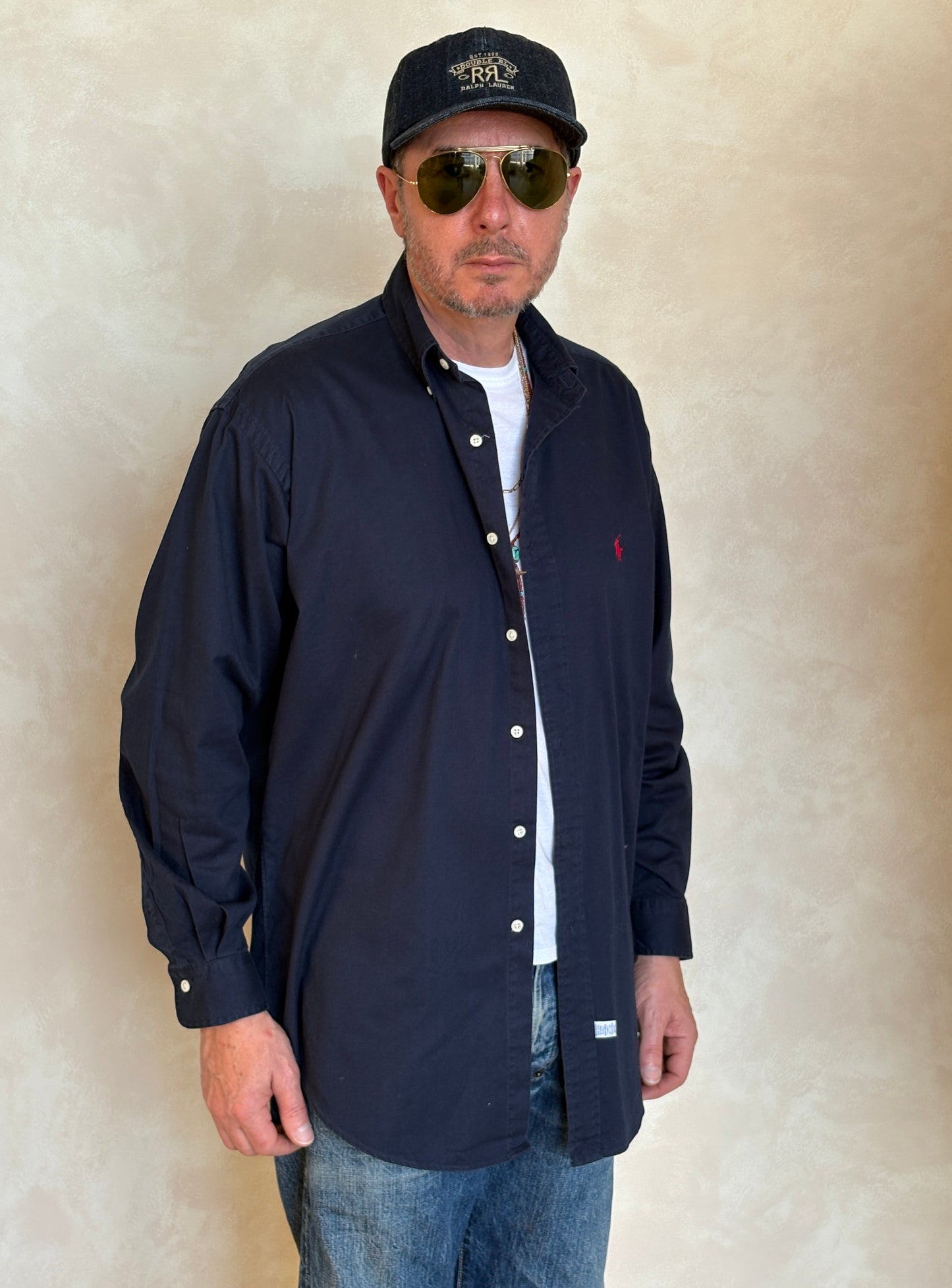 Ralph Lauren Shirt Medium Navy Cotton Twill Red Pony Logo Vintage