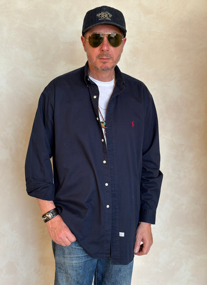 Ralph Lauren Shirt Medium Navy Cotton Twill Red Pony Logo Vintage