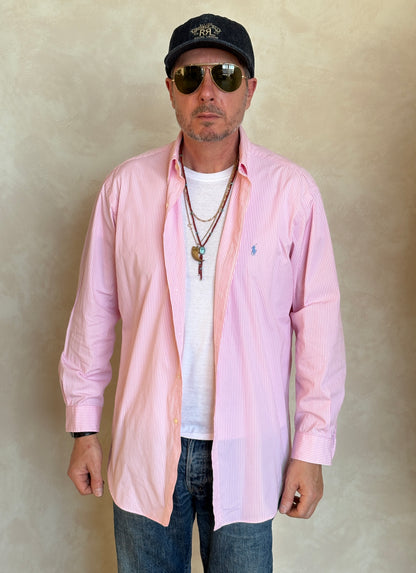Ralph Lauren Classic Fit Shirt 16.5/35 Pink White Stripe Cotton Made in Philippines