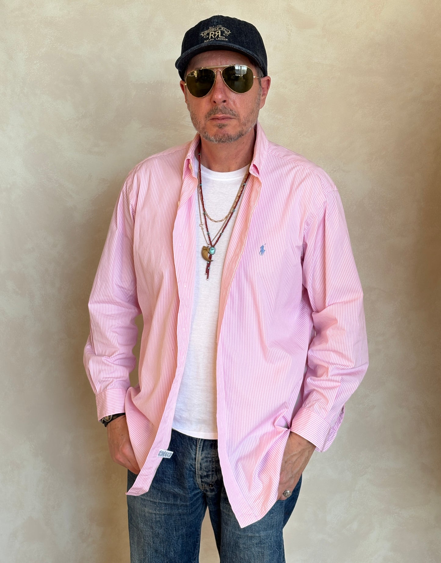 Ralph Lauren Classic Fit Shirt 16.5/35 Pink White Stripe Cotton Made in Philippines