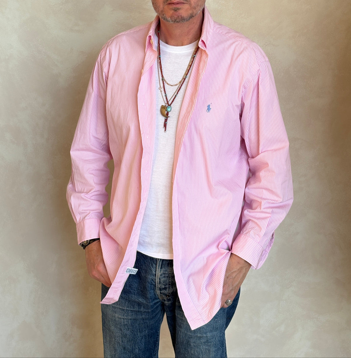 Ralph Lauren Classic Fit Shirt 16.5/35 Pink White Stripe Cotton Made in Philippines-AJ357 Studio
