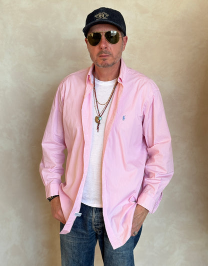 Ralph Lauren Classic Fit Shirt 16.5/35 Pink White Stripe Cotton Made in Philippines