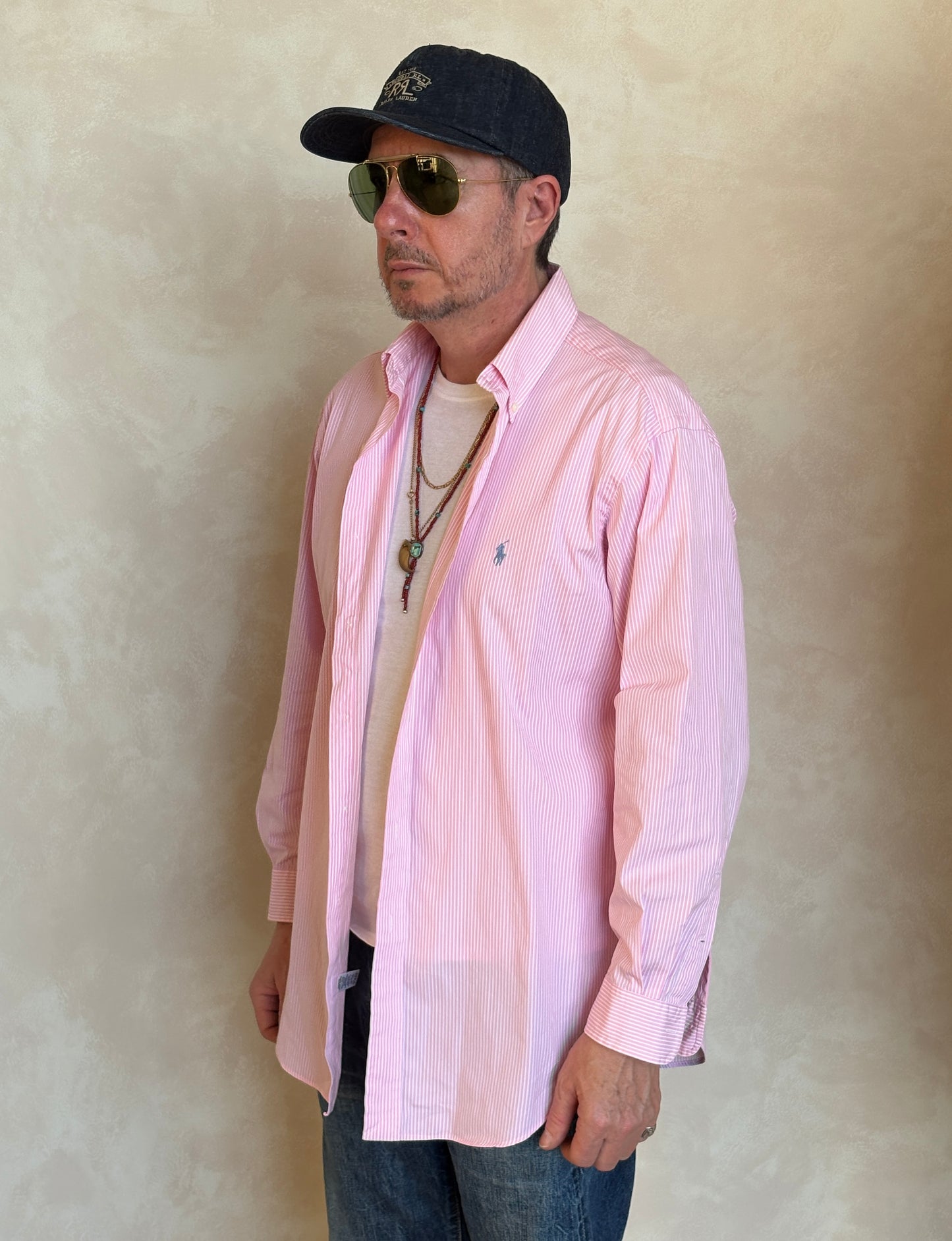 Ralph Lauren Classic Fit Shirt 16.5/35 Pink White Stripe Cotton Made in Philippines