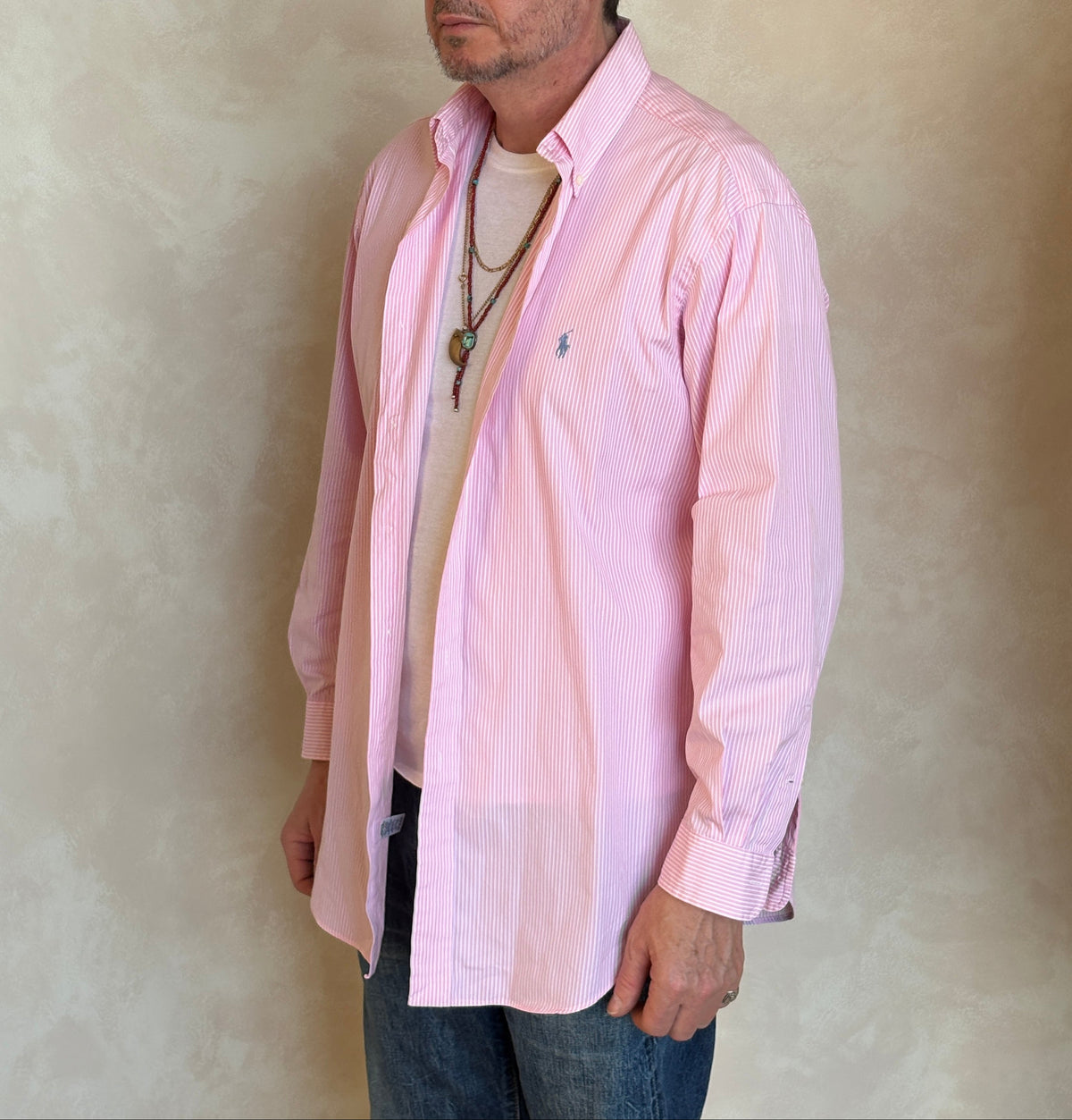 Ralph Lauren Classic Fit Shirt 16.5/35 Pink White Stripe Cotton Made in Philippines-AJ357 Studio