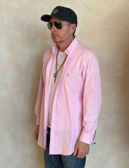Ralph Lauren Classic Fit Shirt 16.5/35 Pink White Stripe Cotton Made in Philippines